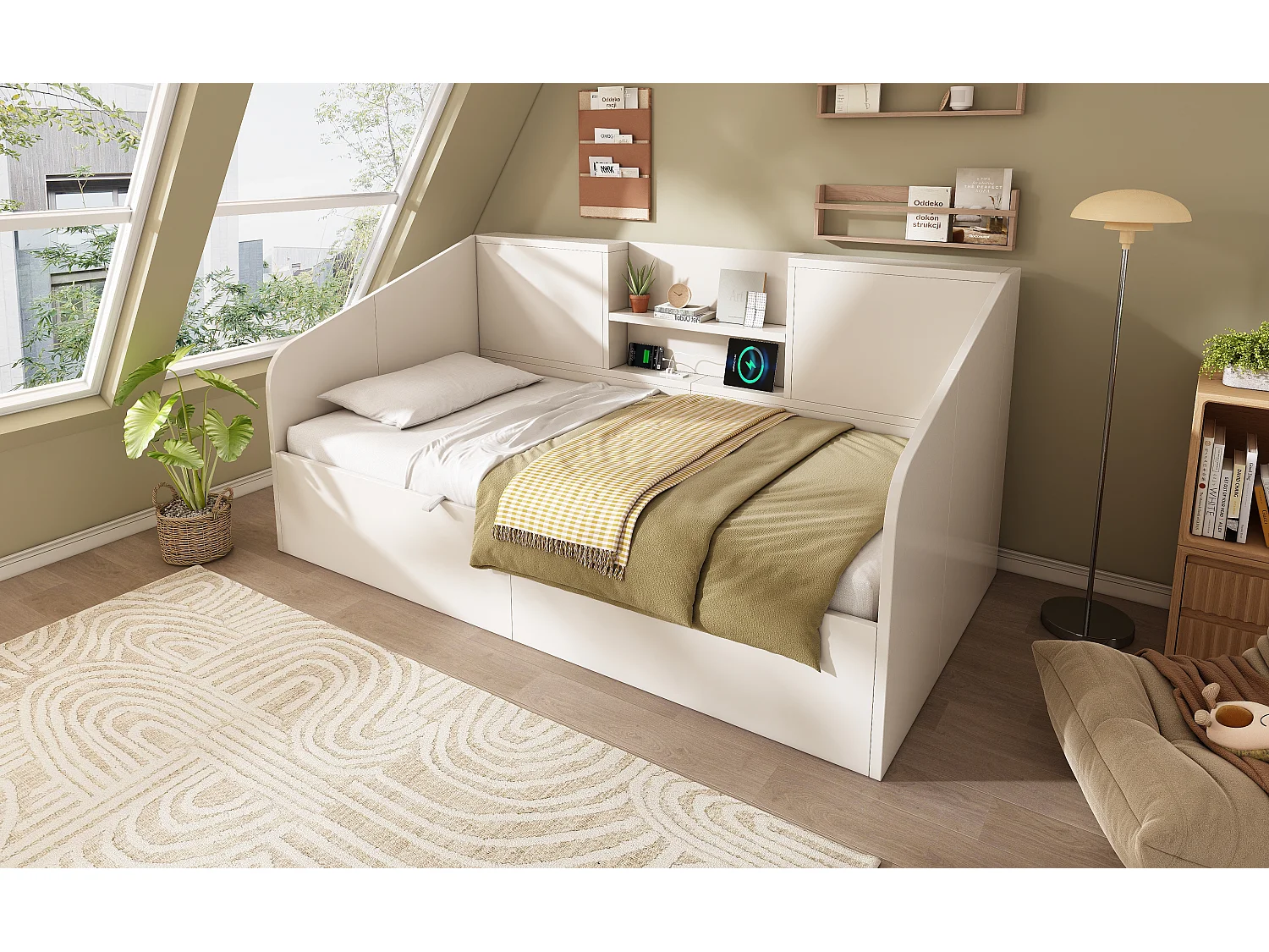 Letto singolo contenitore 90x200 cm con porte USB/Type-C - Legno bianco