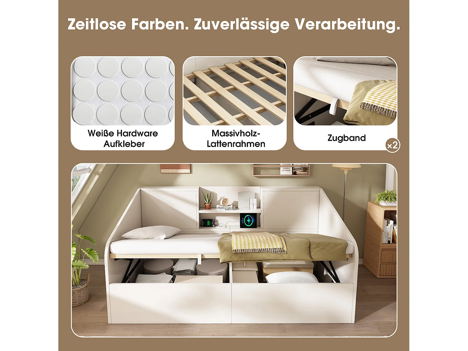 Letto singolo contenitore 90x200 cm con porte USB/Type-C - Legno bianco
