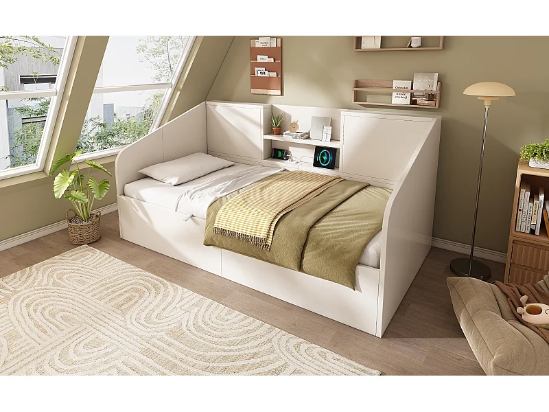Cama individual con almacenaje de 90x200 cm con puertos USB/Tipo C - Madera blanca