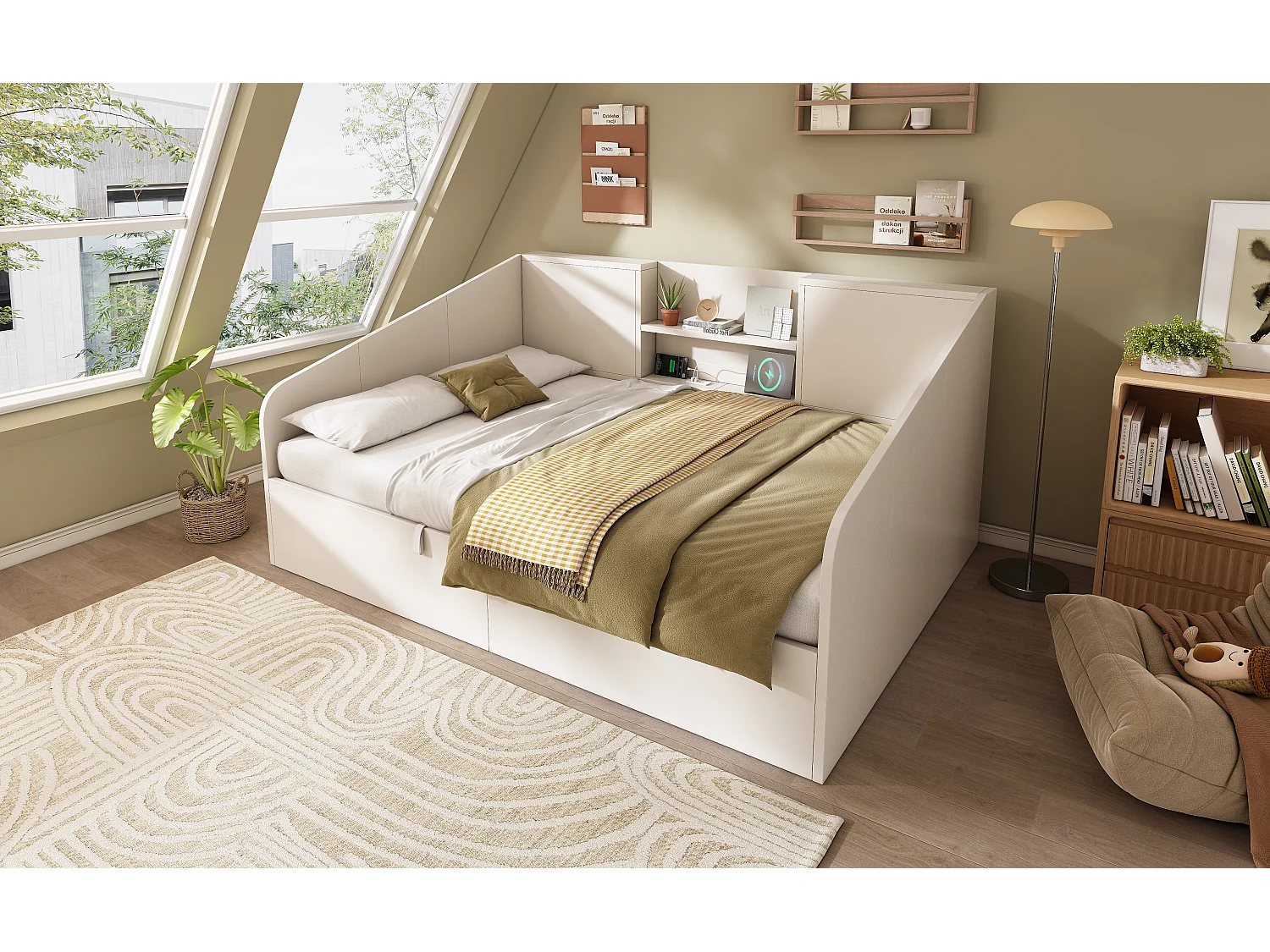 Letto contenitore per adulti 140x190 cm con porte USB/Type-C - Legno bianco