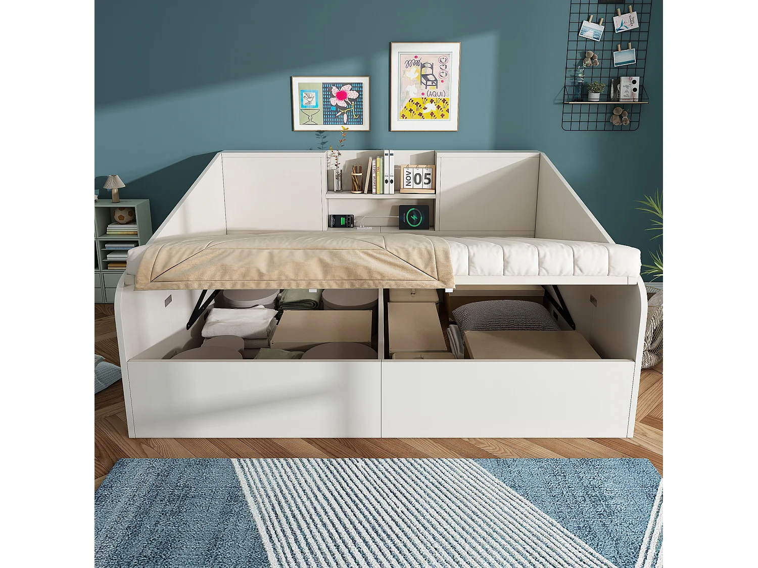 Letto contenitore per adulti 140x190 cm con porte USB/Type-C - Legno bianco