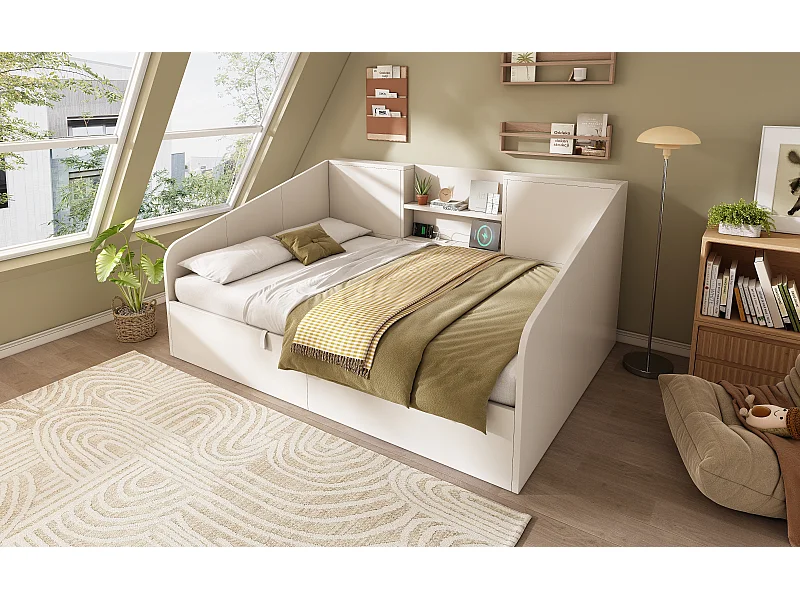 Letto contenitore per adulti 140x190 cm con porte USB/Type-C - Legno bianco