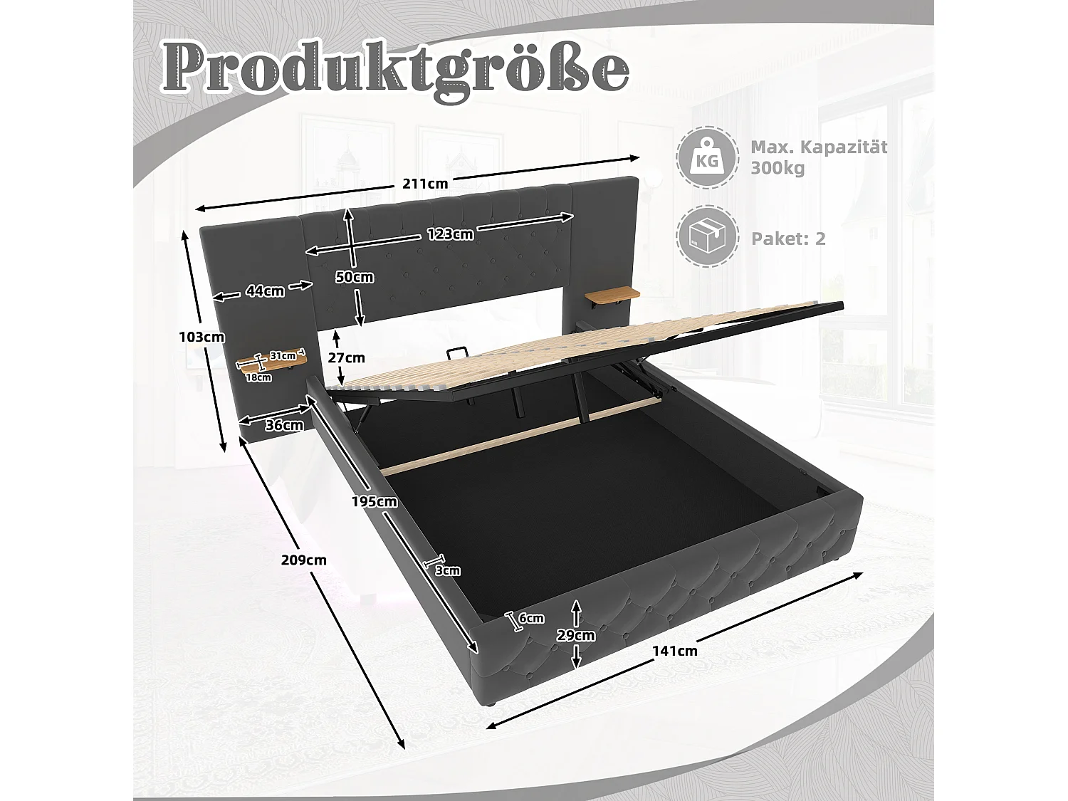 Letto contenitore per adulti 140x200 cm con ampia testiera, illuminazione a LED e porta USB - Velluto grigio