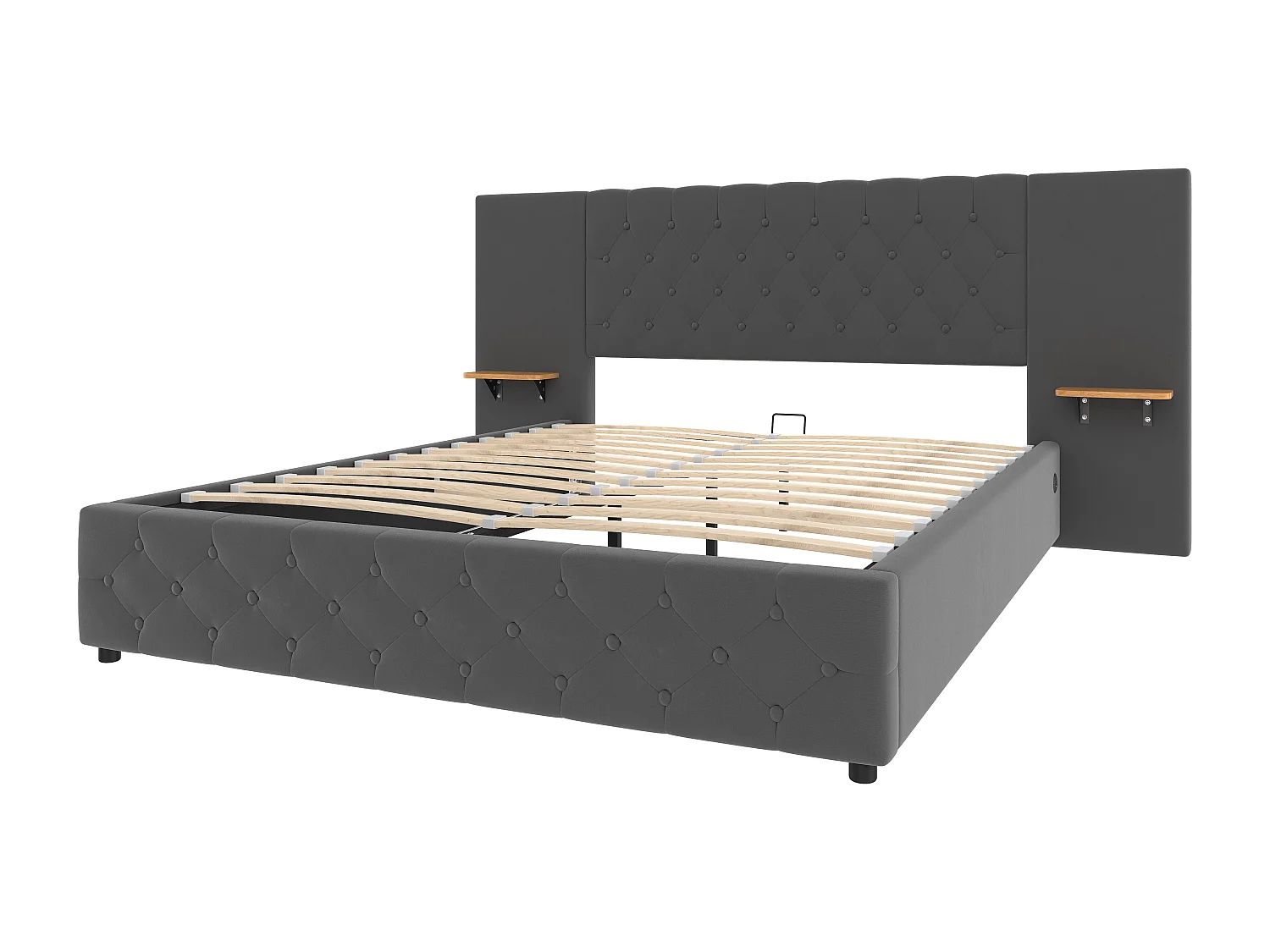 Letto contenitore per adulti 140x200 cm con ampia testiera, illuminazione a LED e porta USB - Velluto grigio