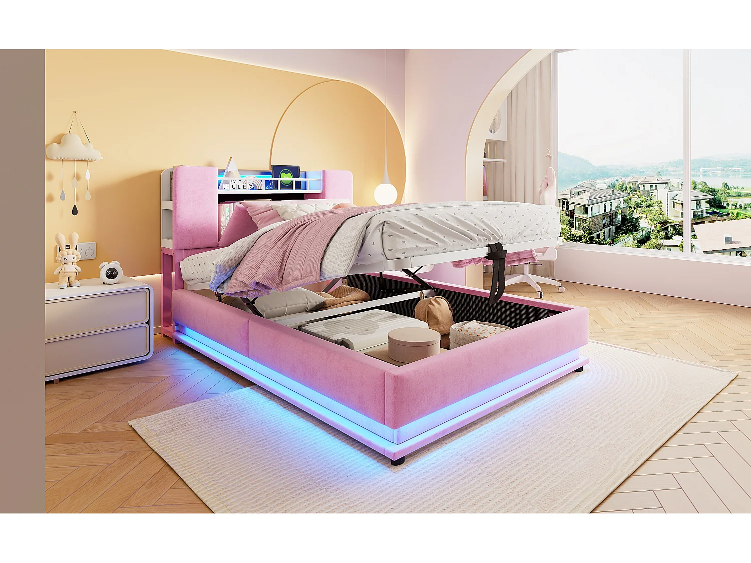 Lit coffre enfant 90x200cm avec LED, USB et tête à rangements - Velours Rose