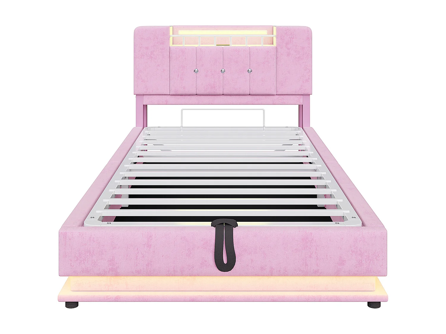 Lit coffre enfant 90x200cm avec LED, USB et tête à rangements - Velours Rose