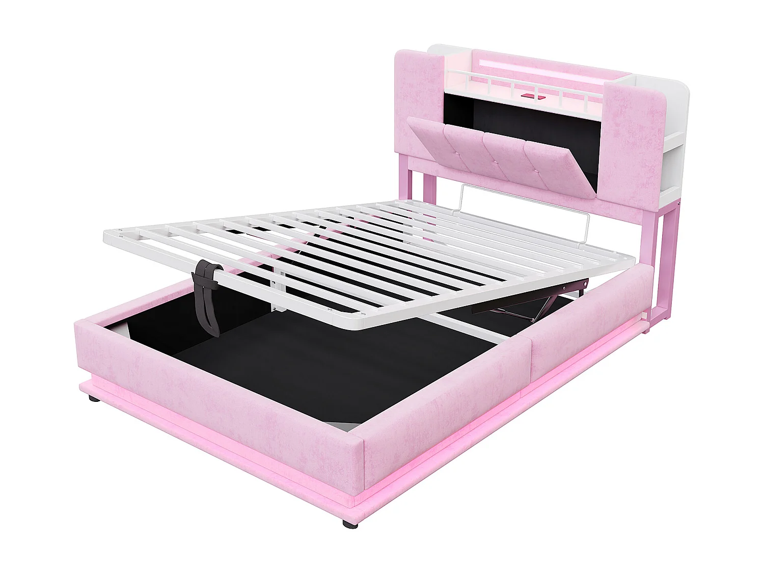Lit coffre enfant 90x200cm avec LED, USB et tête à rangements - Velours Rose