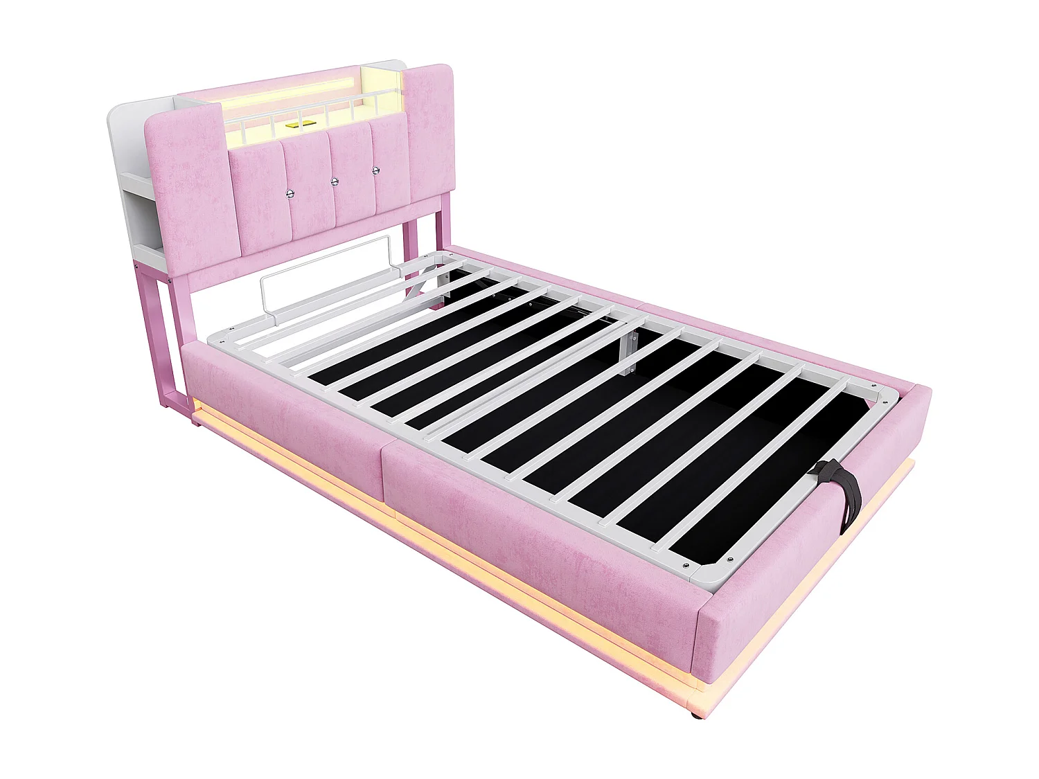 Lit coffre enfant 90x200cm avec LED, USB et tête à rangements - Velours Rose