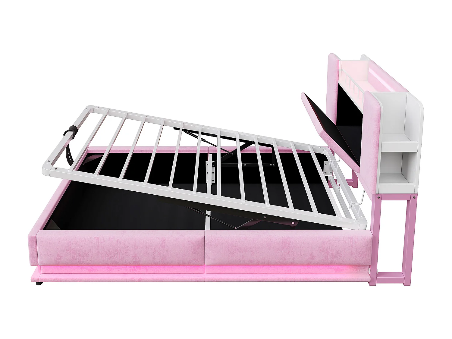 Lit coffre enfant 90x200cm avec LED, USB et tête à rangements - Velours Rose