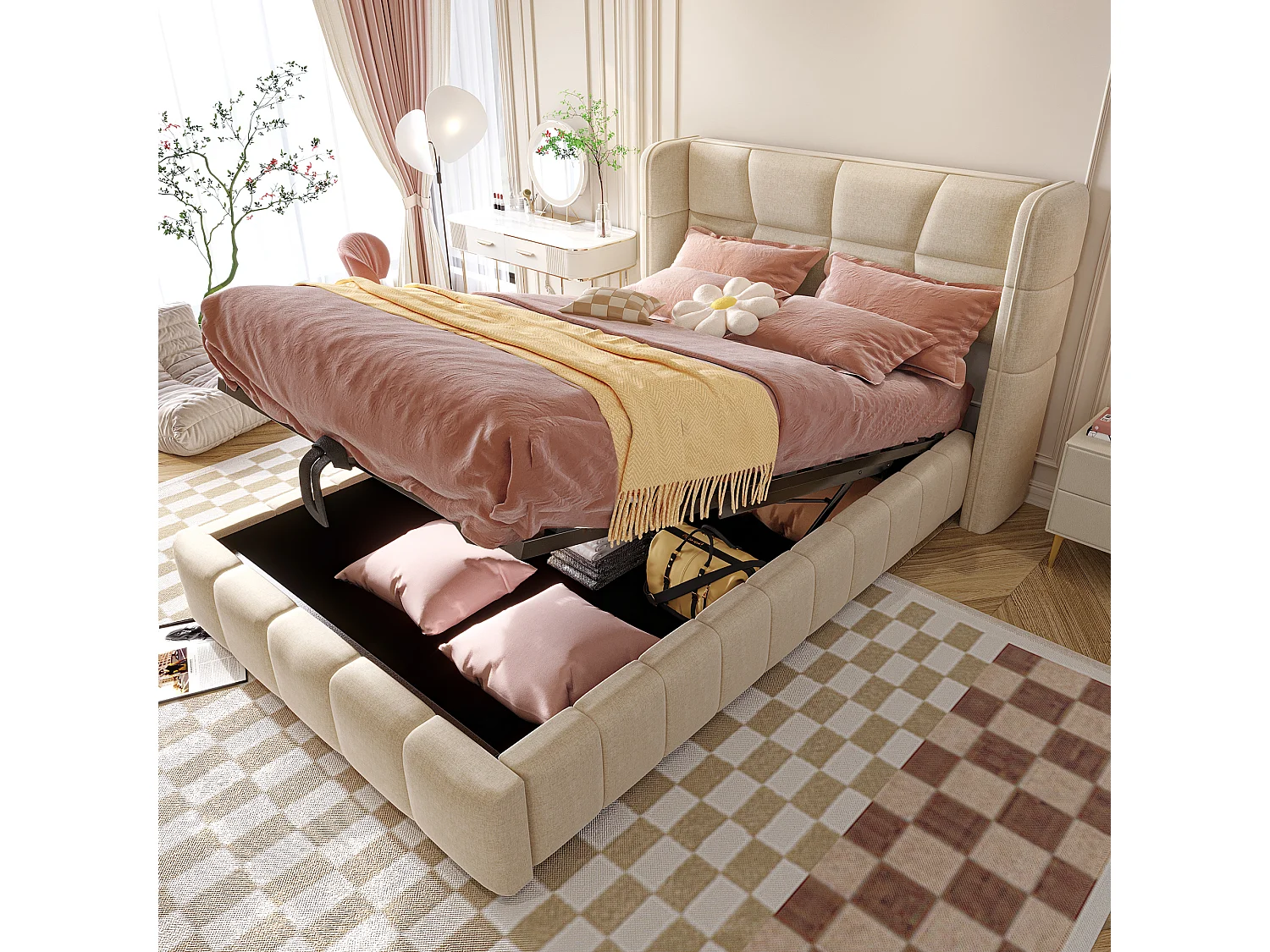 Kinderbed met opbergruimte, 90x200 cm, met lattenbodem - Beige linnen stof