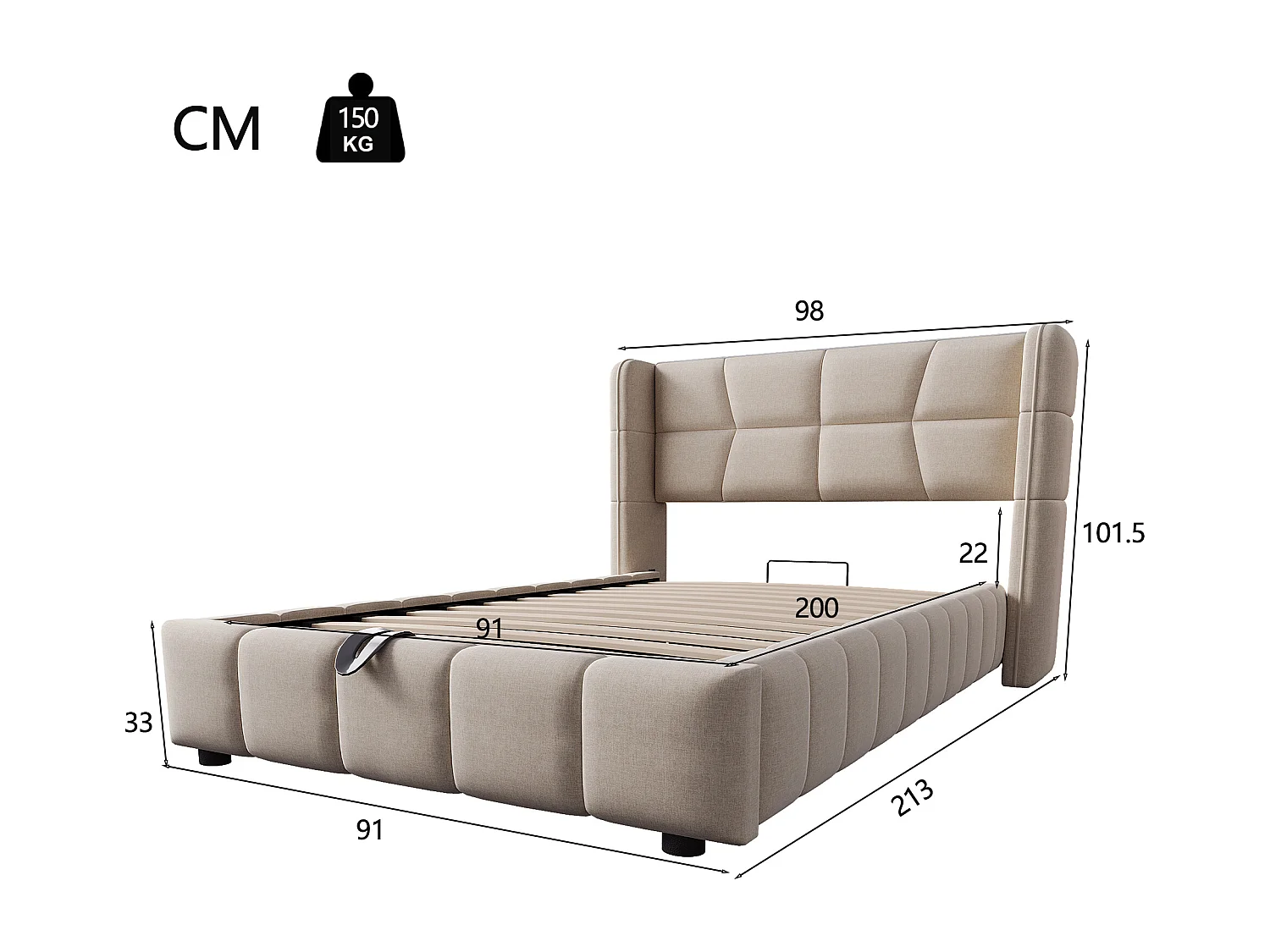 Kinderbed met opbergruimte, 90x200 cm, met lattenbodem - Beige linnen stof