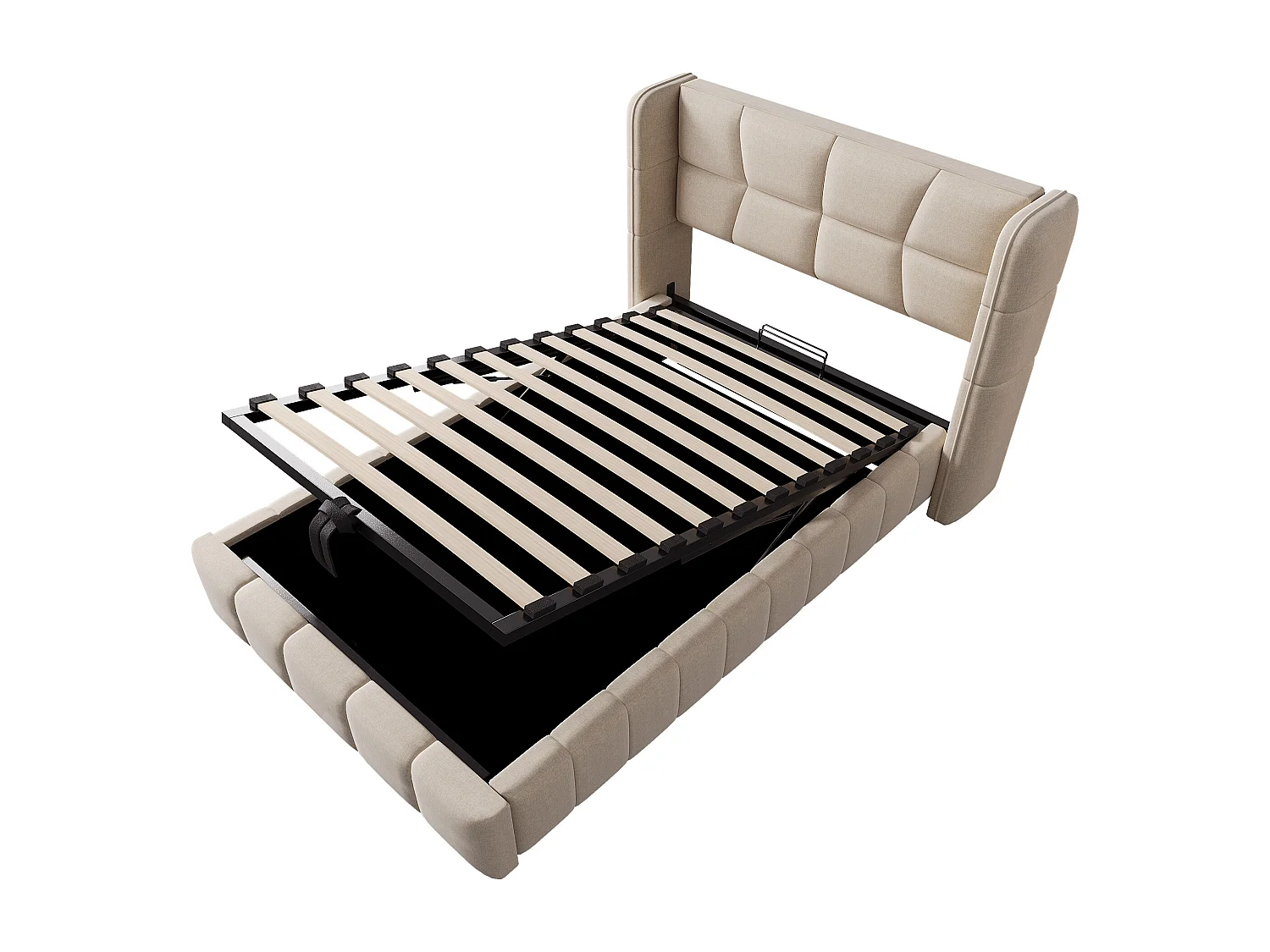 Kinderbed met opbergruimte, 90x200 cm, met lattenbodem - Beige linnen stof