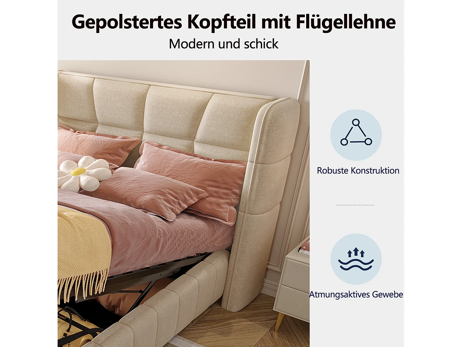 Kinderbed met opbergruimte, 90x200 cm, met lattenbodem - Beige linnen stof