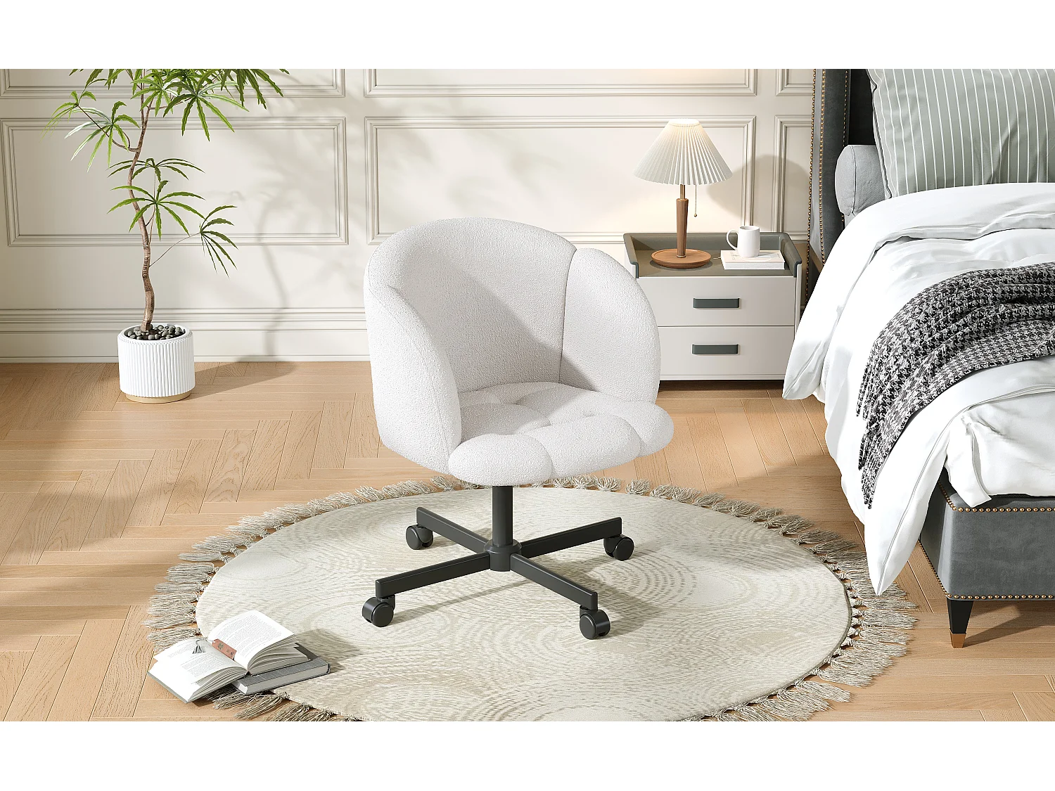 Sedia girevole da ufficio in tessuto Teddy bianco sporco - Altezza regolabile di 10 cm