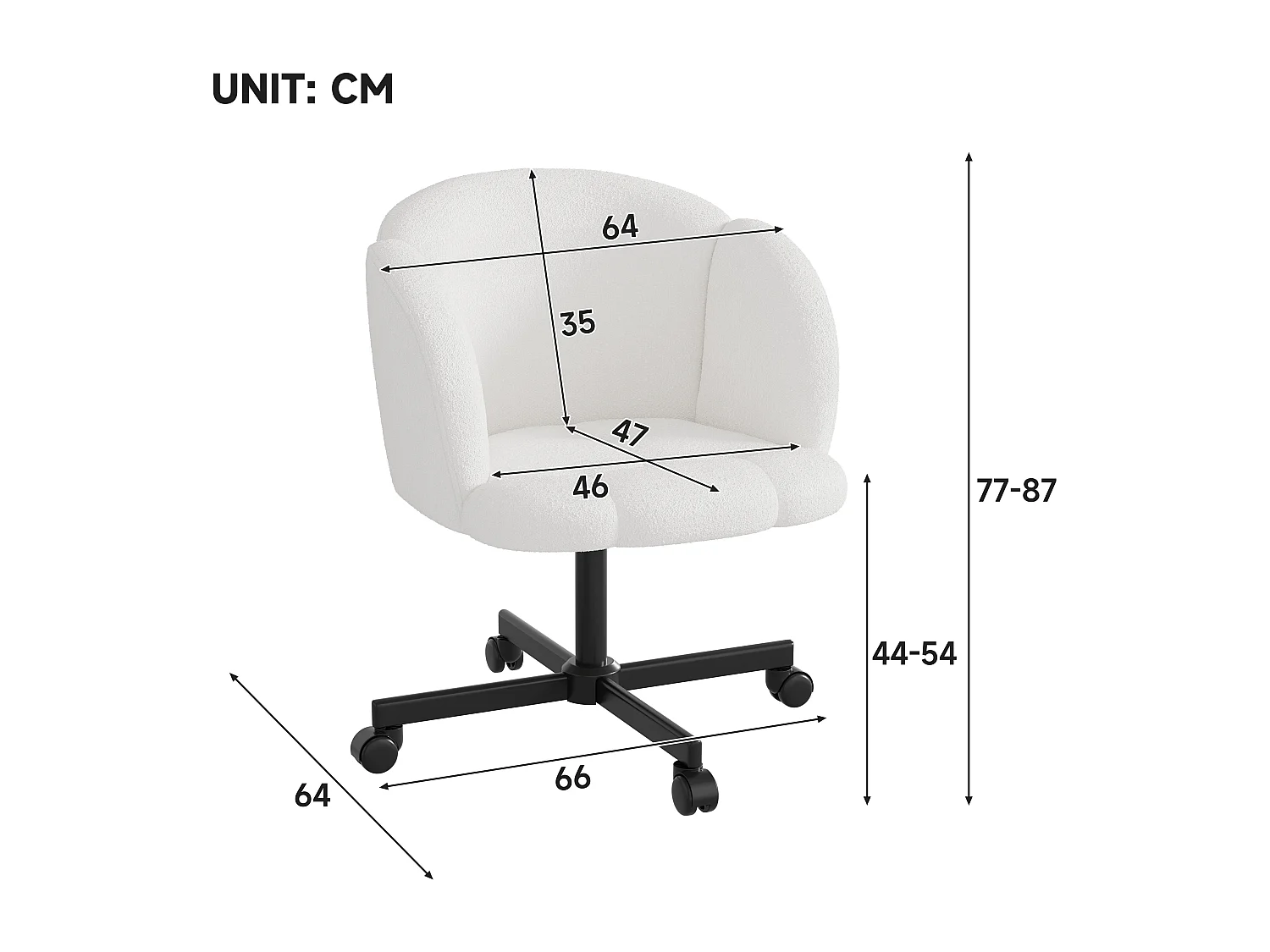 Sedia girevole da ufficio in tessuto Teddy bianco sporco - Altezza regolabile di 10 cm
