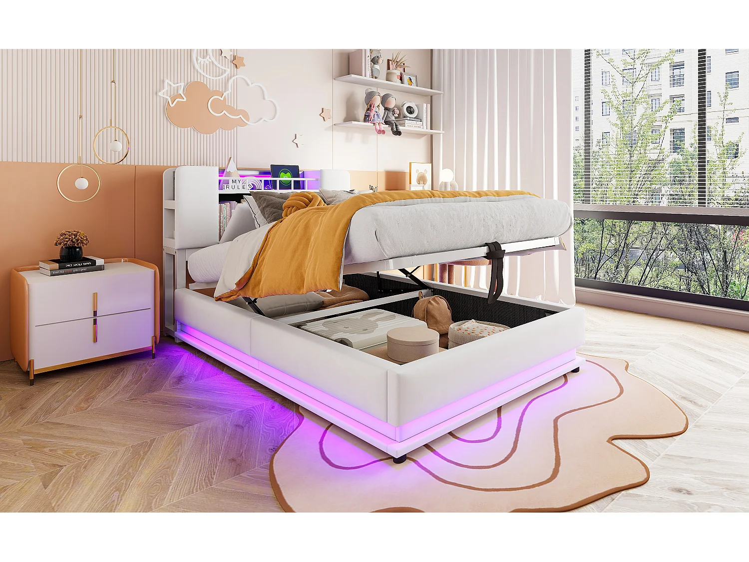 Kinderbed met opbergruimte 90x200cm met LED-verlichting, USB-aansluiting en opbergruimte in het hoofdeinde - Beige fluweel