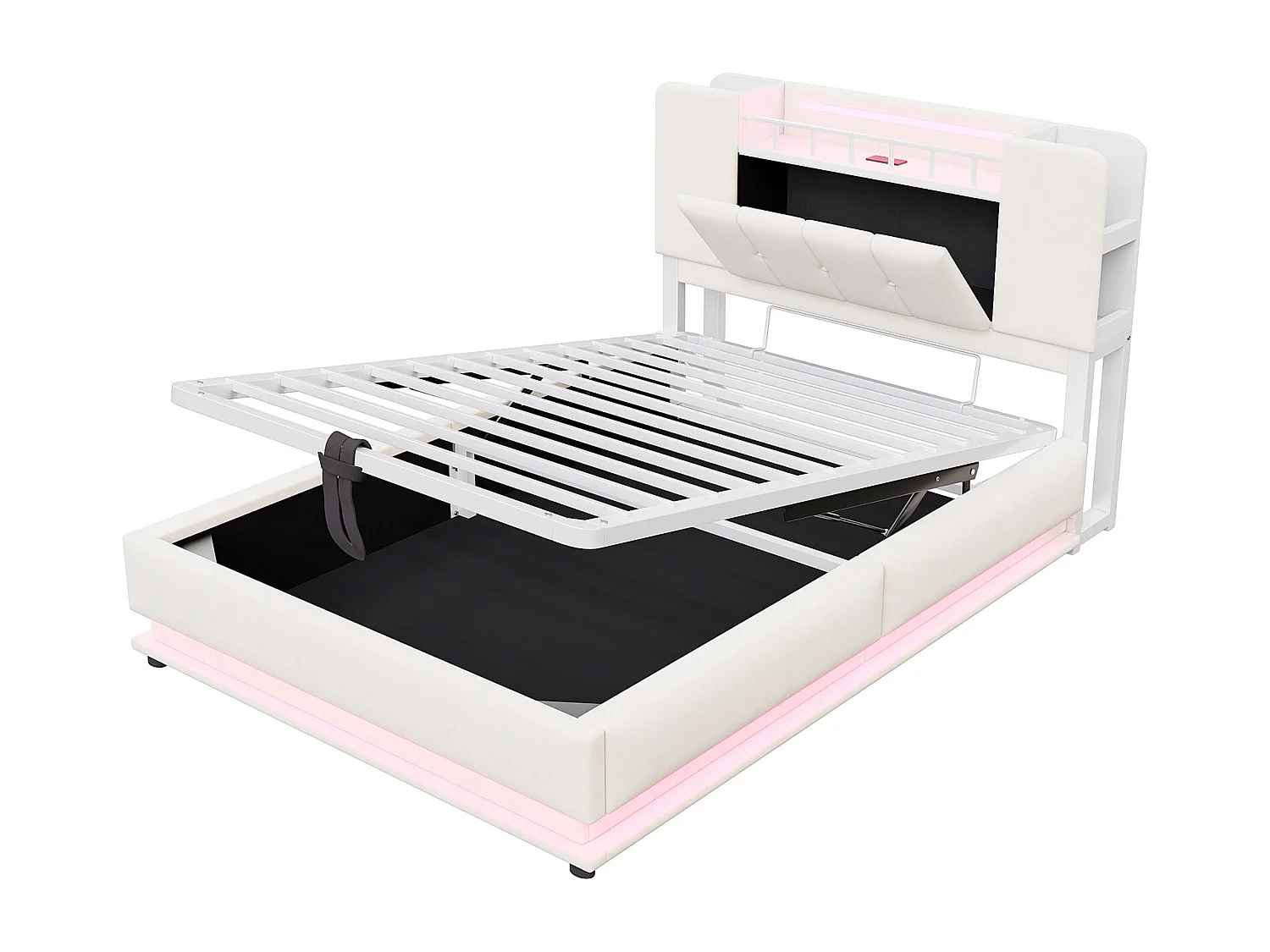 Kinderbed met opbergruimte 90x200cm met LED-verlichting, USB-aansluiting en opbergruimte in het hoofdeinde - Beige fluweel