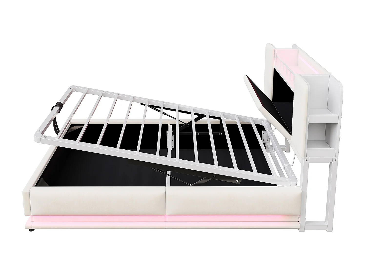 Kinderbed met opbergruimte 90x200cm met LED-verlichting, USB-aansluiting en opbergruimte in het hoofdeinde - Beige fluweel