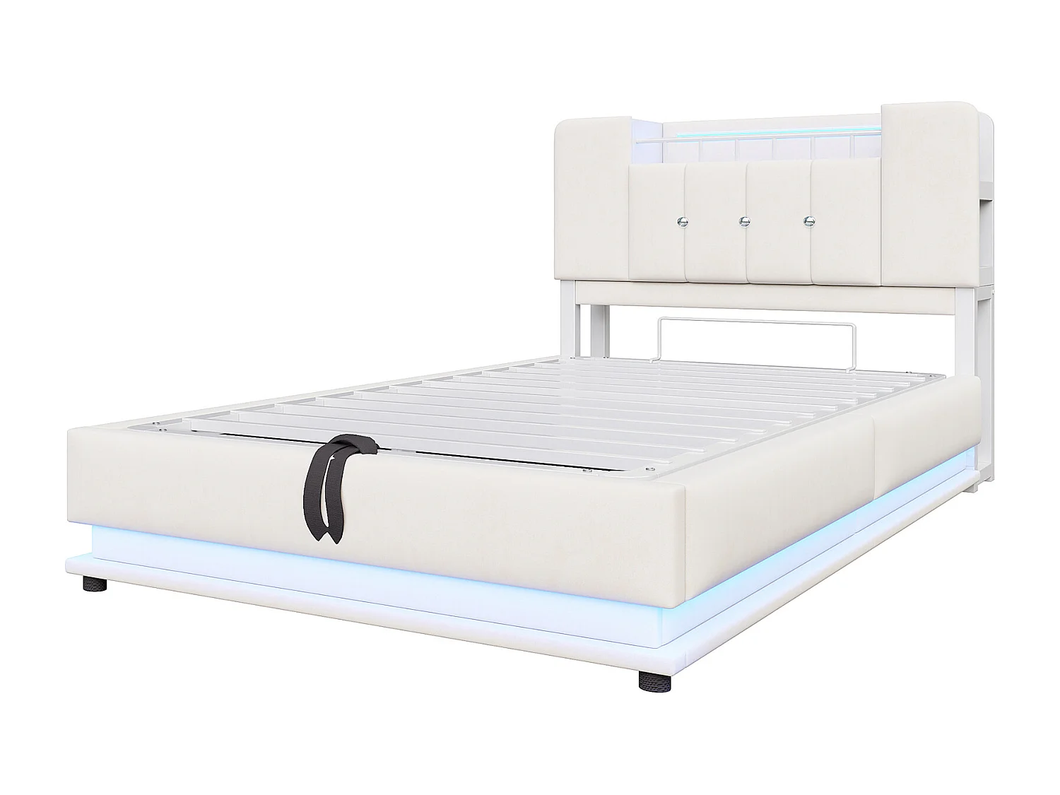 Kinderbed met opbergruimte 90x200cm met LED-verlichting, USB-aansluiting en opbergruimte in het hoofdeinde - Beige fluweel