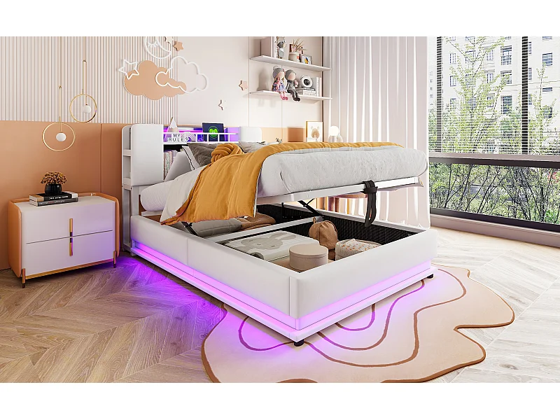 Letto contenitore per bambini 90x200cm con LED, USB e testiera contenitore - Velluto beige
