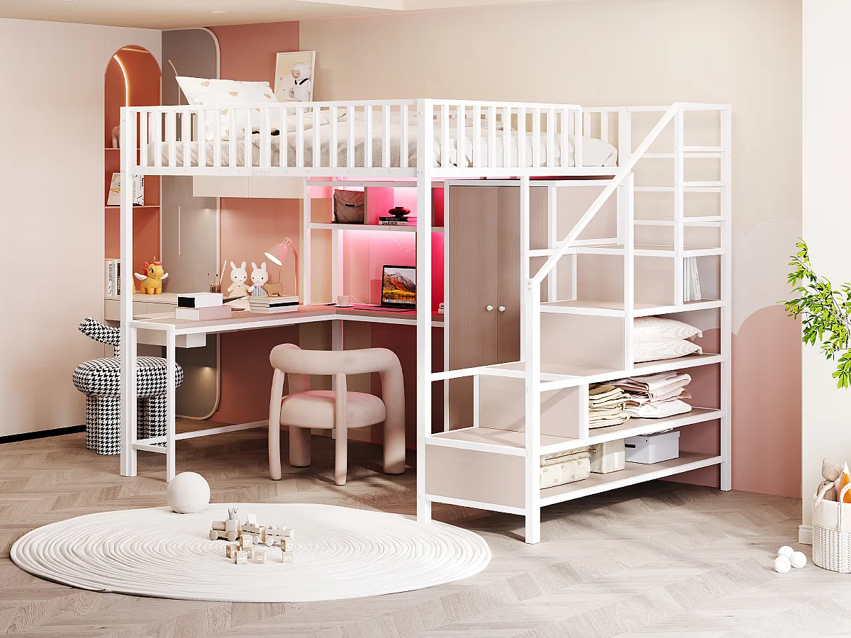 Wit hoogslaper 140 x 200 cm met bureau, plank en kledingkast - Metalen en MDF-bed met oplaadpunt en LED-verlichting