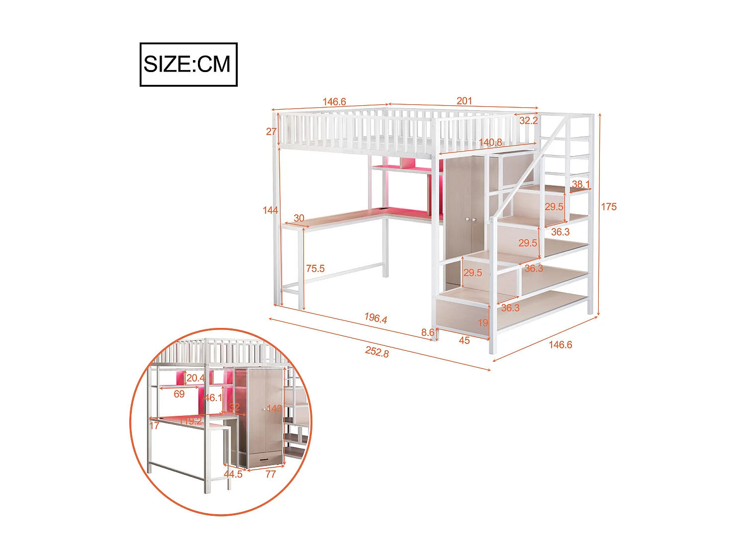 Wit hoogslaper 140 x 200 cm met bureau, plank en kledingkast - Metalen en MDF-bed met oplaadpunt en LED-verlichting