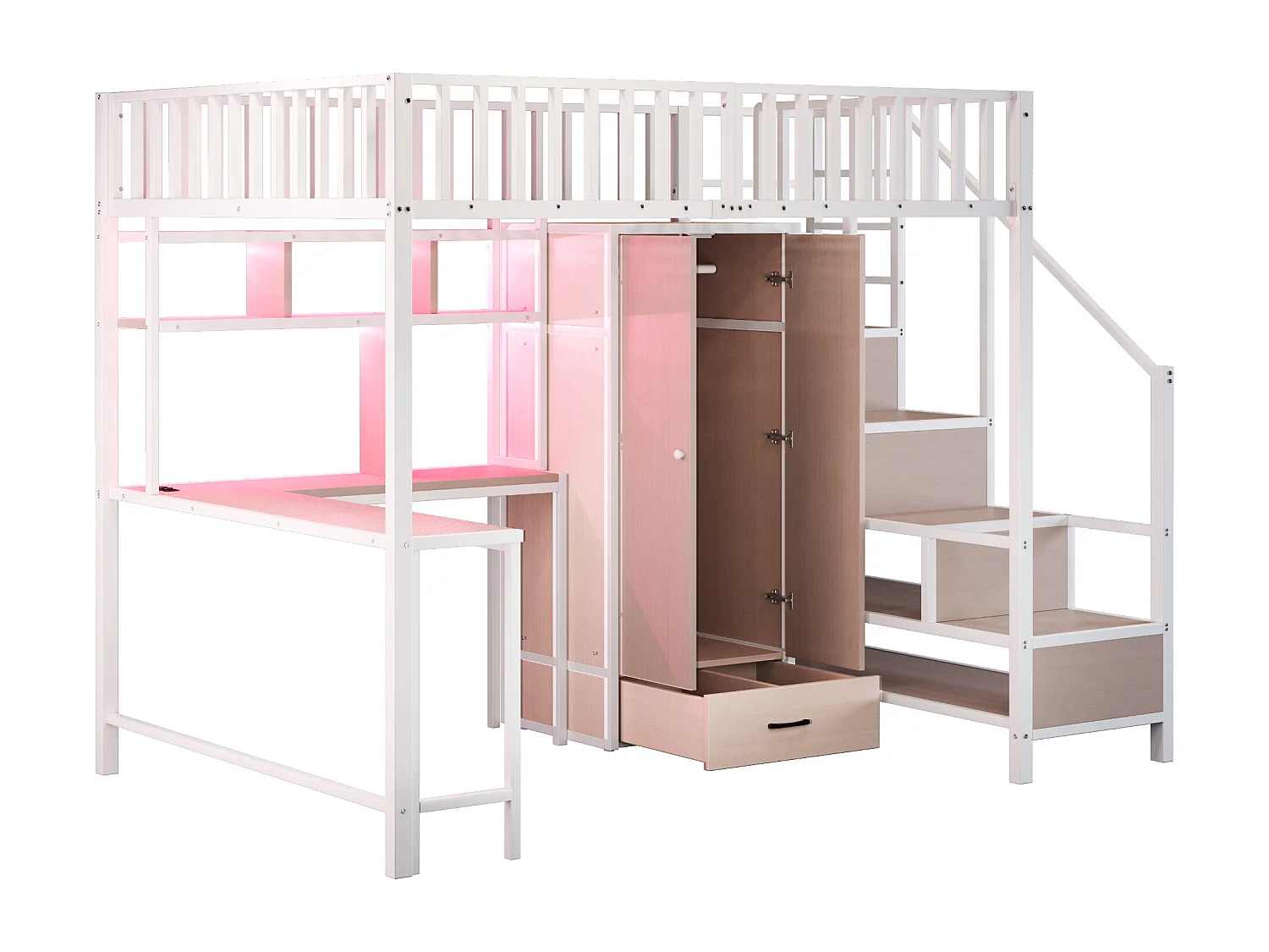 Wit hoogslaper 140 x 200 cm met bureau, plank en kledingkast - Metalen en MDF-bed met oplaadpunt en LED-verlichting