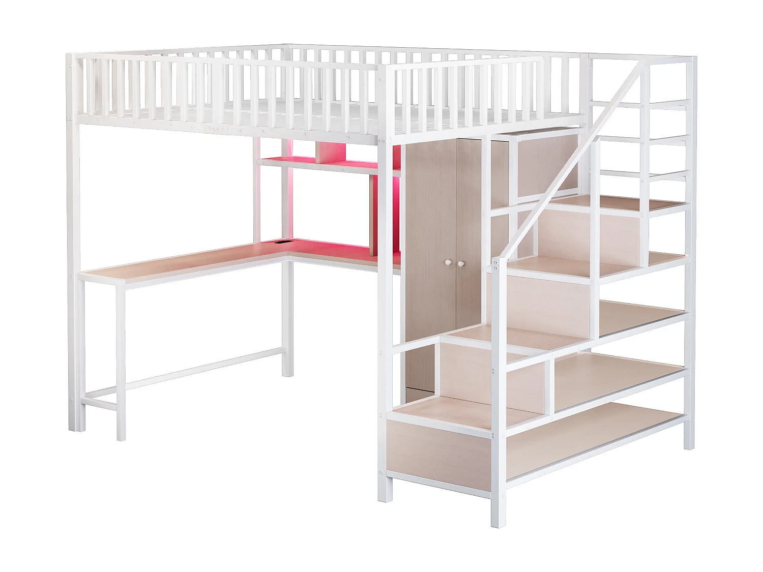 Wit hoogslaper 140 x 200 cm met bureau, plank en kledingkast - Metalen en MDF-bed met oplaadpunt en LED-verlichting