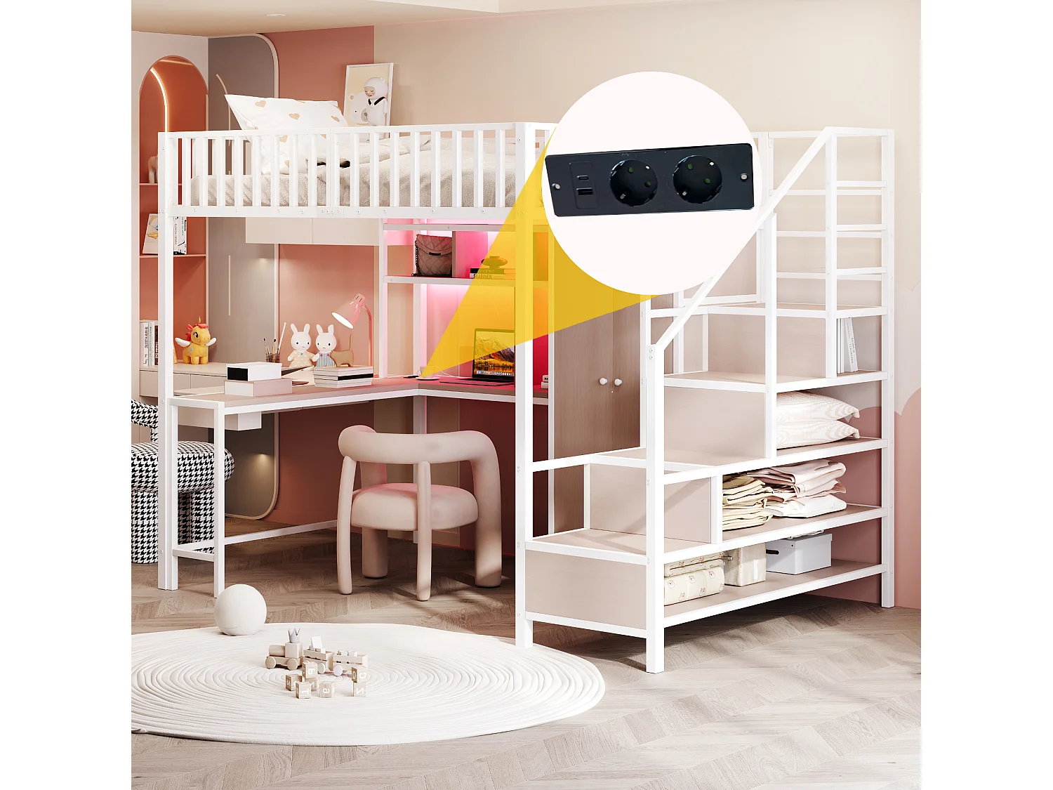 Wit hoogslaper 140 x 200 cm met bureau, plank en kledingkast - Metalen en MDF-bed met oplaadpunt en LED-verlichting