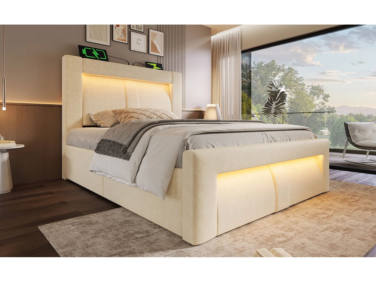 Letto contenitore per bambini 90x200 cm con LED e 3 porte USB - Velluto beige