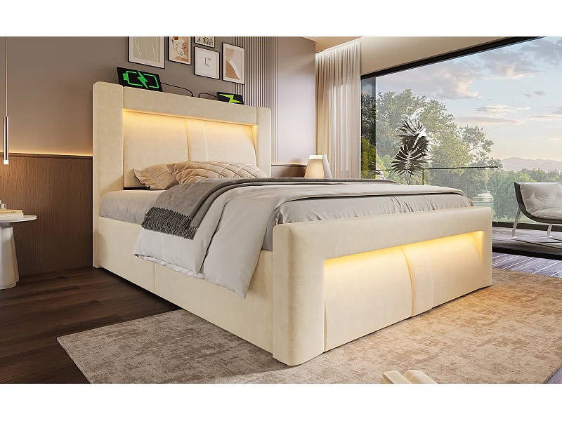 Letto contenitore per bambini 90x200 cm con LED e 3 porte USB - Velluto beige