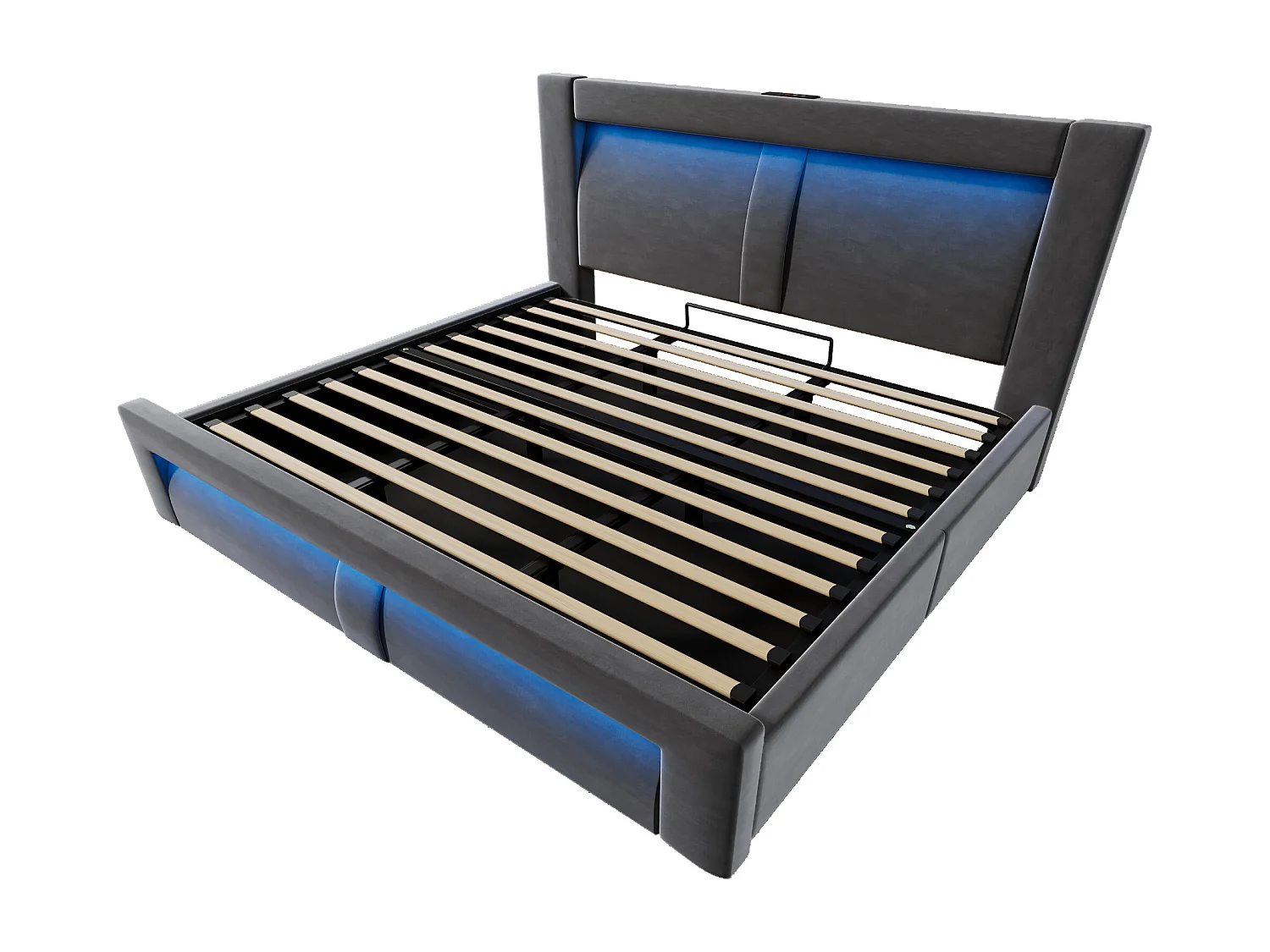 Letto contenitore 180x200 cm con LED e USB - Letto matrimoniale per adulti in velluto grigio (materasso non incluso)