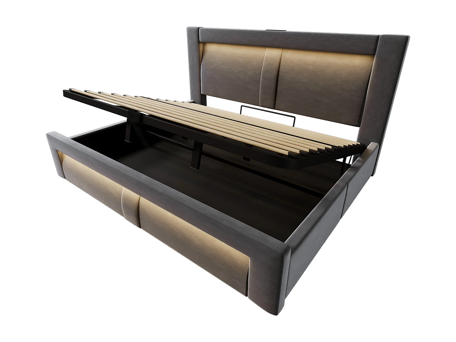 Letto contenitore 180x200 cm con LED e USB - Letto matrimoniale per adulti in velluto grigio (materasso non incluso)