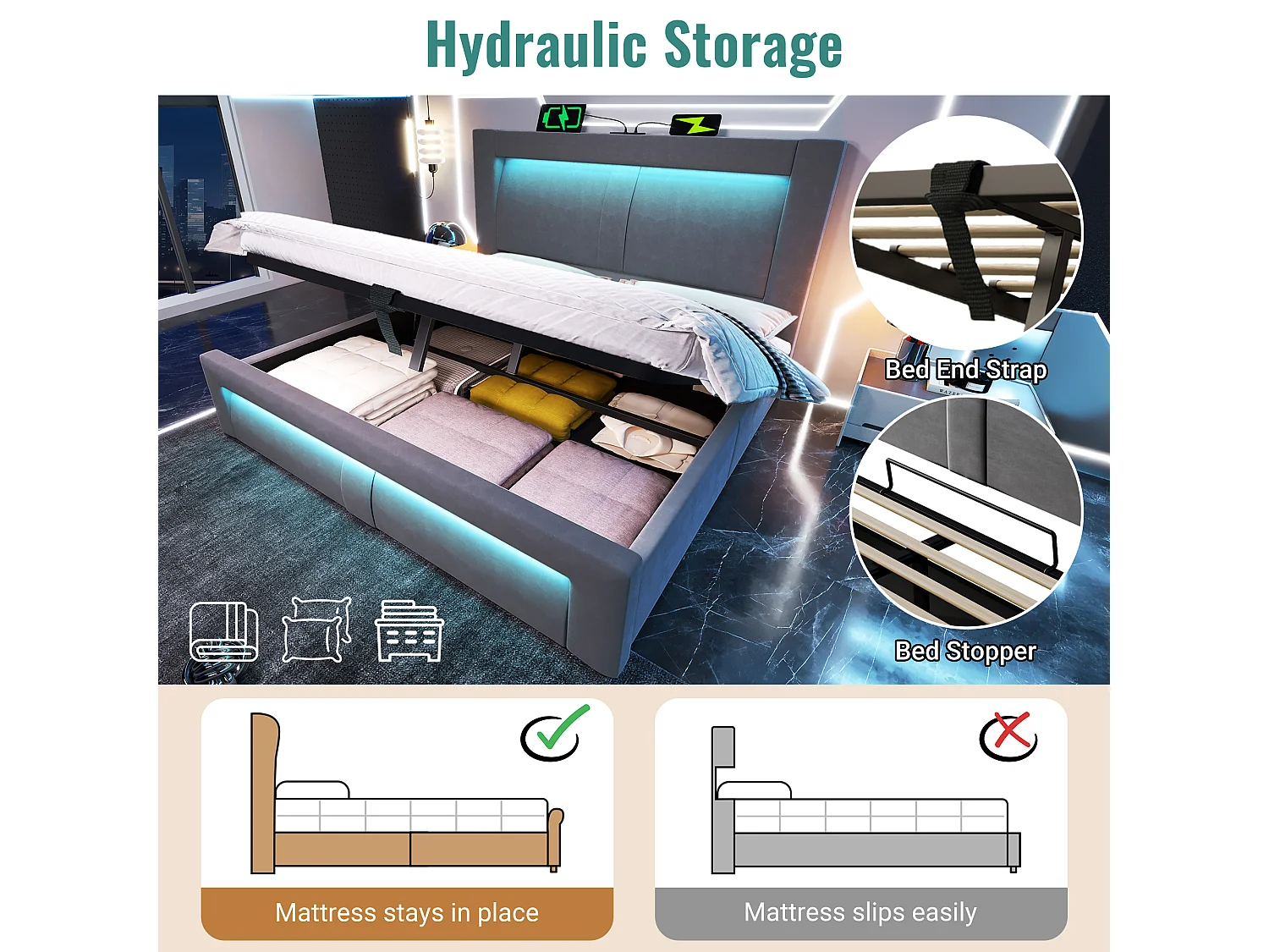 Letto contenitore 180x200 cm con LED e USB - Letto matrimoniale per adulti in velluto grigio (materasso non incluso)