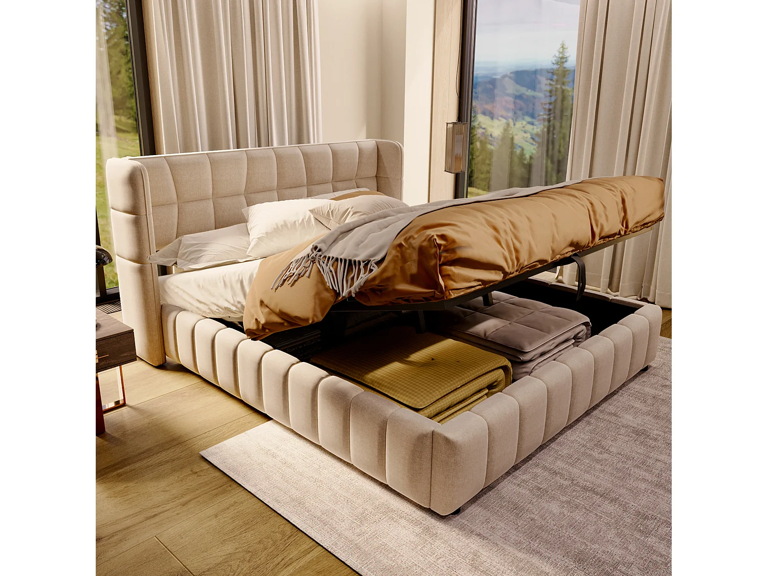 Tweepersoonsbed met opbergruimte voor volwassenen, 180x200 cm, met lattenbodem - Beige linnen stof