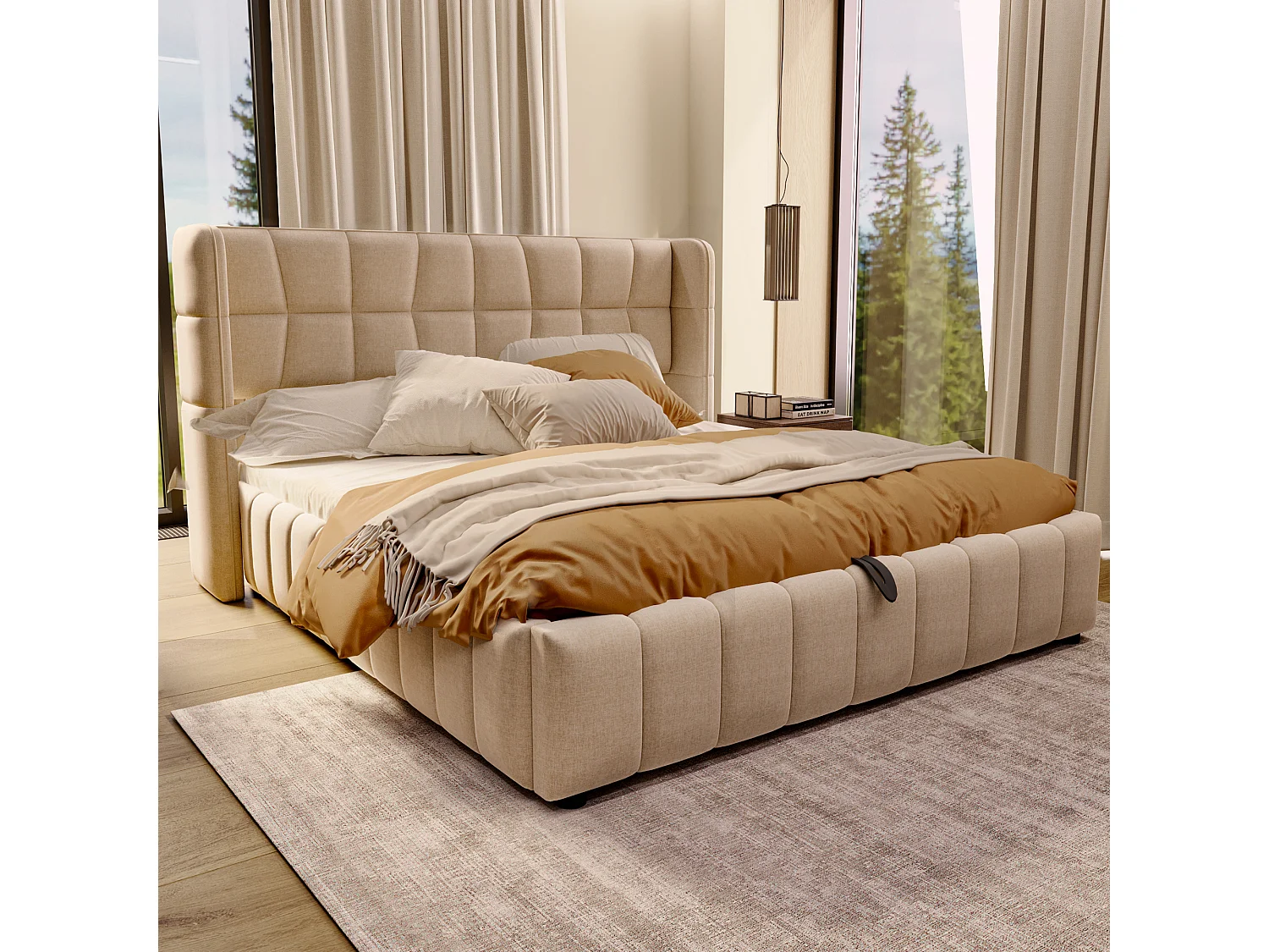 Tweepersoonsbed met opbergruimte voor volwassenen, 180x200 cm, met lattenbodem - Beige linnen stof