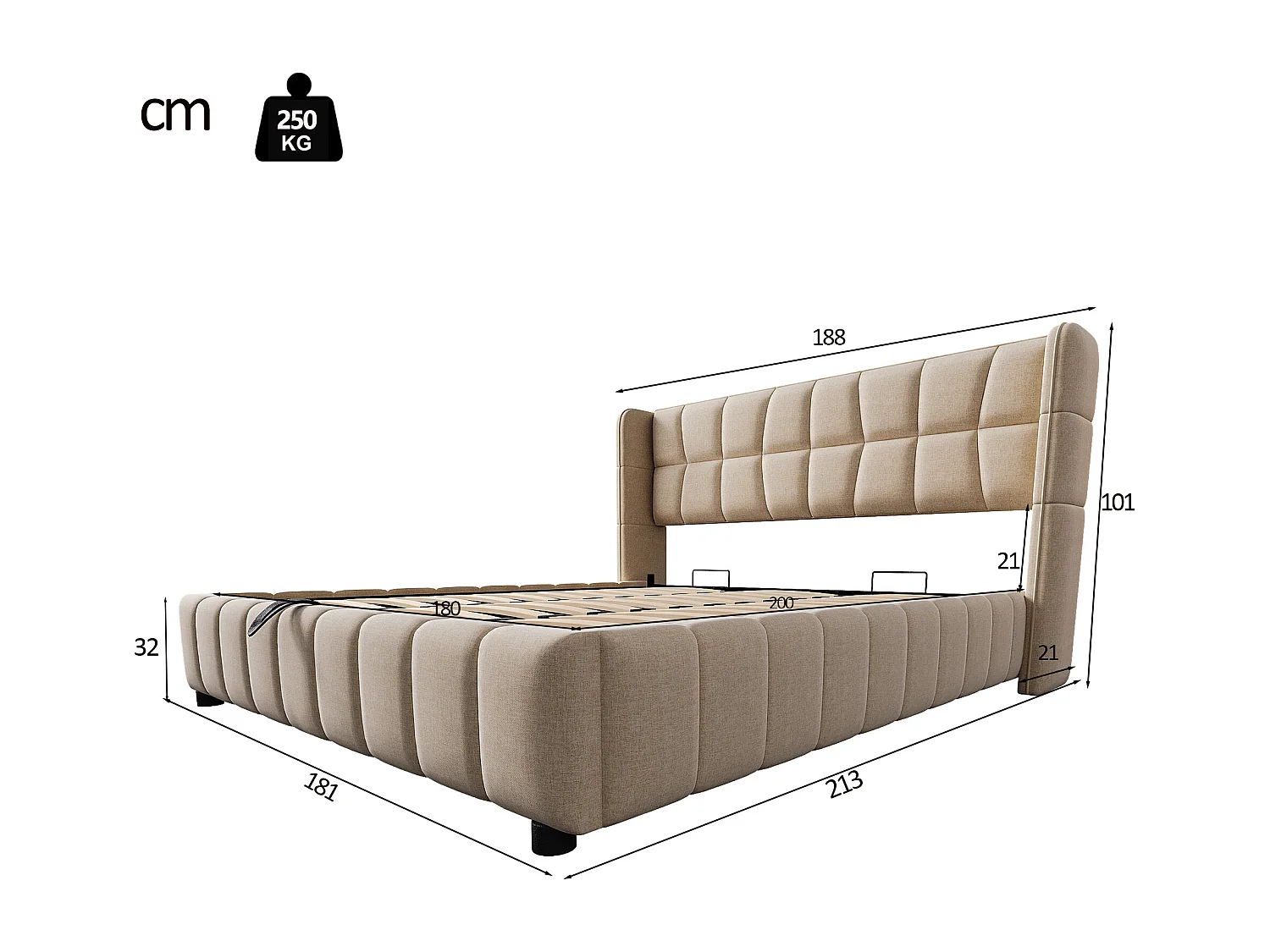 Tweepersoonsbed met opbergruimte voor volwassenen, 180x200 cm, met lattenbodem - Beige linnen stof