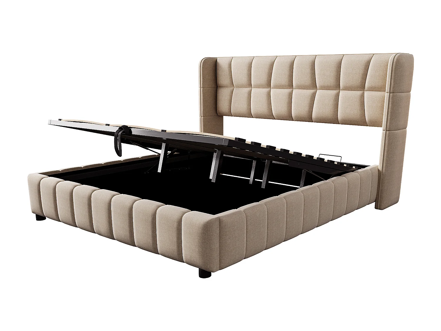 Tweepersoonsbed met opbergruimte voor volwassenen, 180x200 cm, met lattenbodem - Beige linnen stof