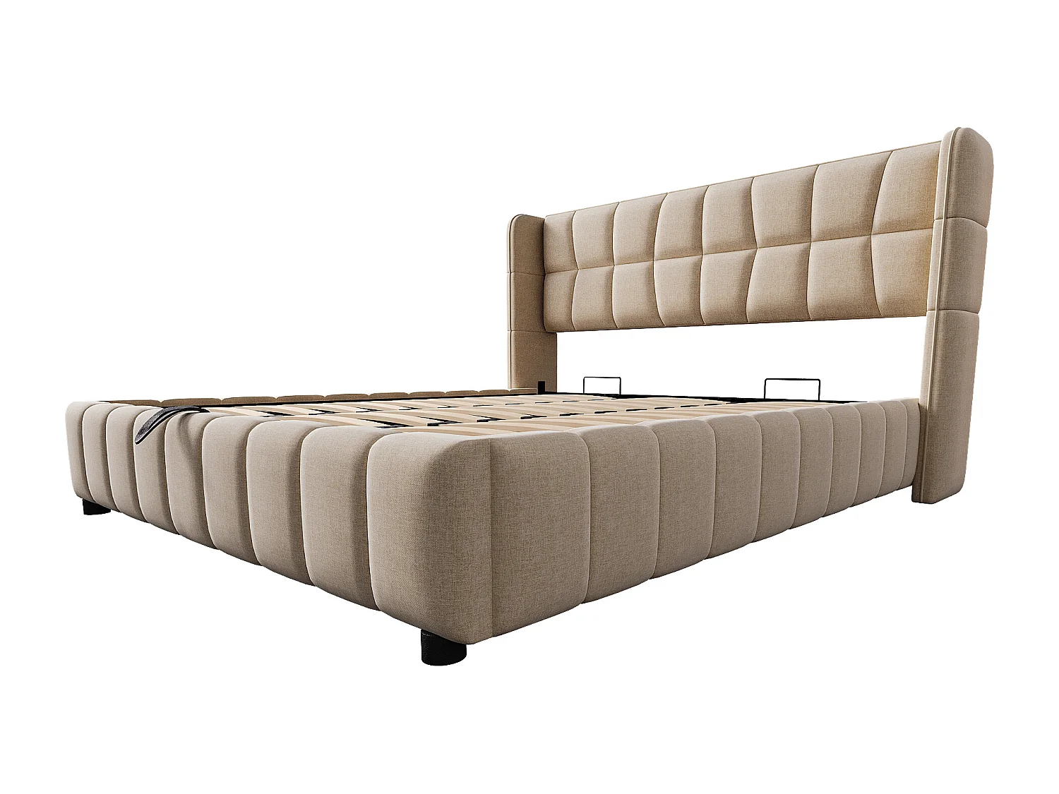 Tweepersoonsbed met opbergruimte voor volwassenen, 180x200 cm, met lattenbodem - Beige linnen stof