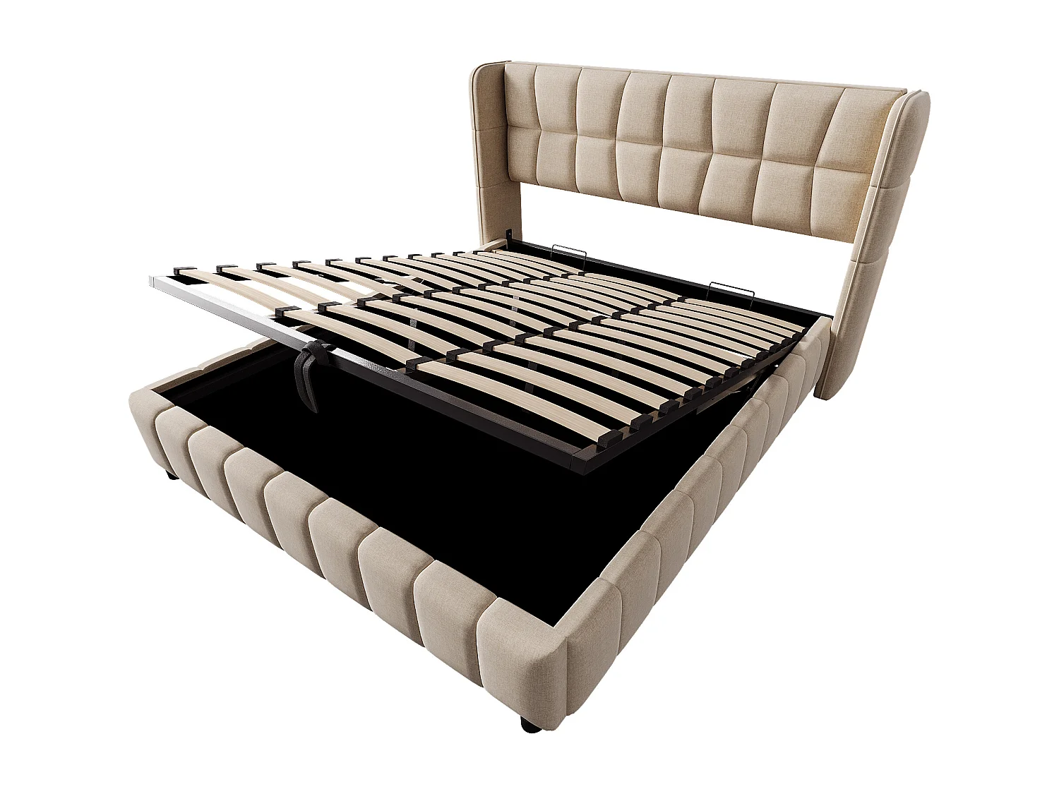 Tweepersoonsbed met opbergruimte voor volwassenen, 180x200 cm, met lattenbodem - Beige linnen stof