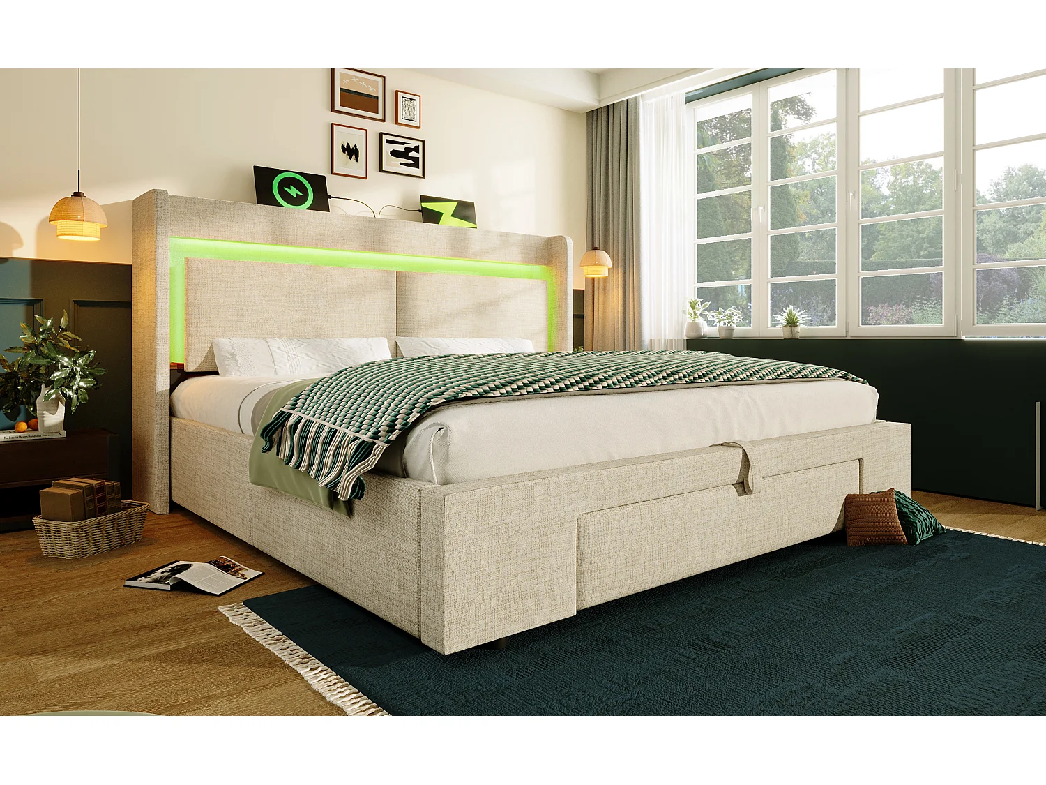 Cama doble con canapé 180x200 cm en lino beige - Cama adulto con LED, puertos USB y cajón (colchón no incluido)