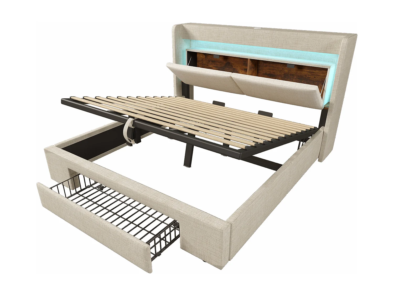 Cama doble con canapé 180x200 cm en lino beige - Cama adulto con LED, puertos USB y cajón (colchón no incluido)