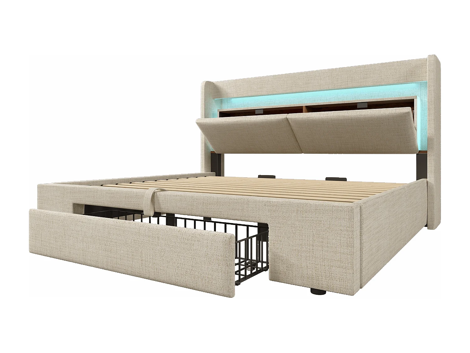 Cama doble con canapé 180x200 cm en lino beige - Cama adulto con LED, puertos USB y cajón (colchón no incluido)