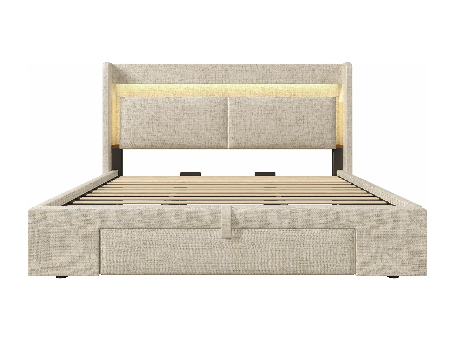 Cama doble con canapé 180x200 cm en lino beige - Cama adulto con LED, puertos USB y cajón (colchón no incluido)
