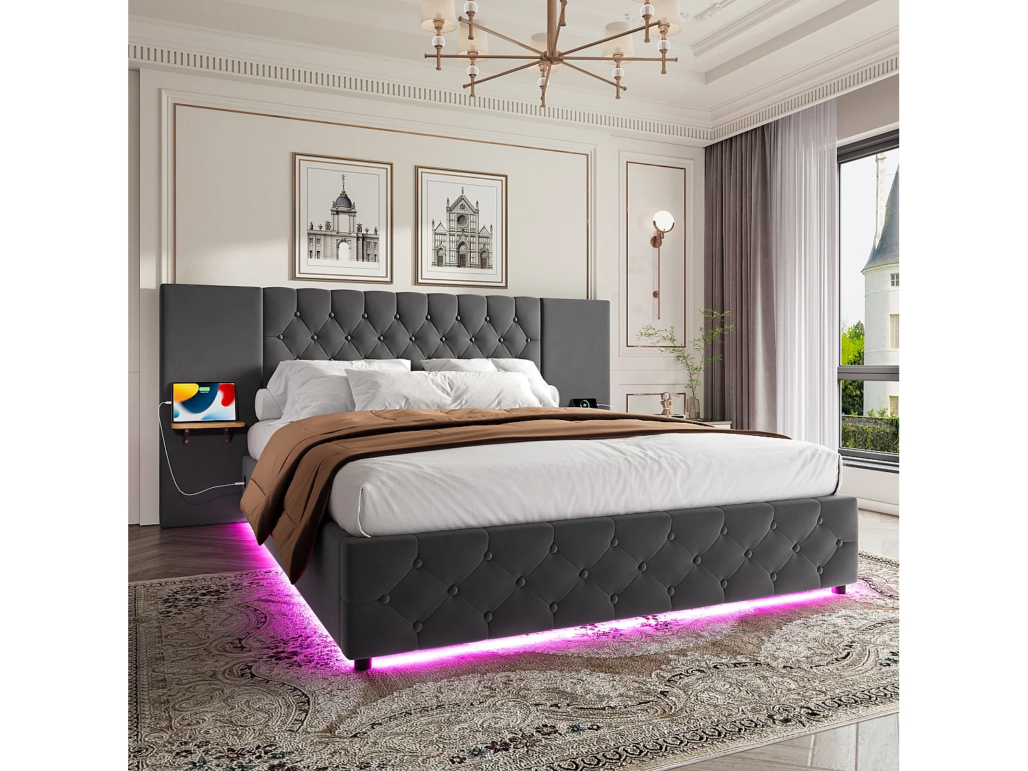 Letto contenitore per adulti 160x200 cm con ampia testiera, illuminazione a LED e porta USB - Letto matrimoniale in velluto grigio