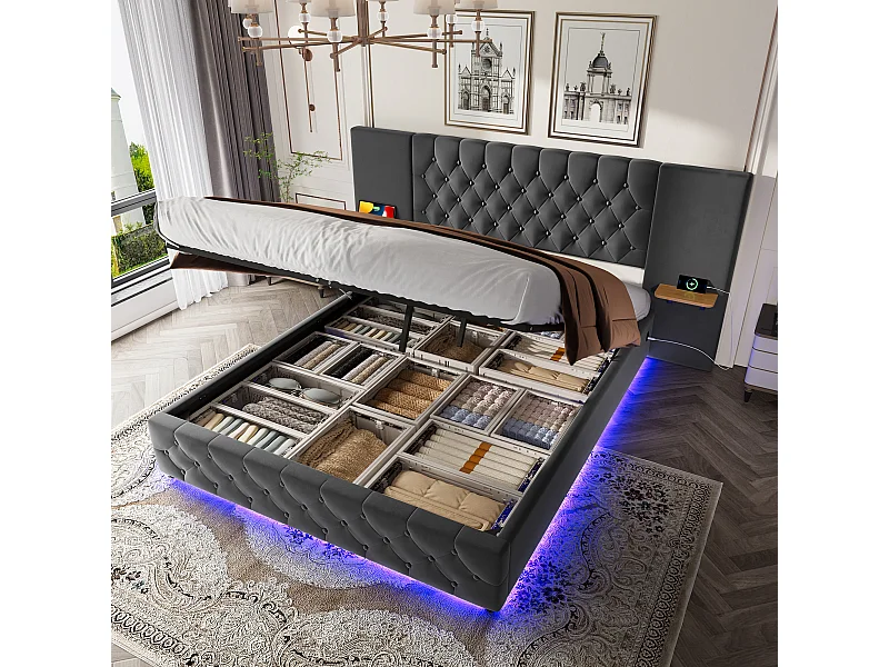 Letto contenitore per adulti 160x200 cm con ampia testiera, illuminazione a LED e porta USB - Letto matrimoniale in velluto grigio