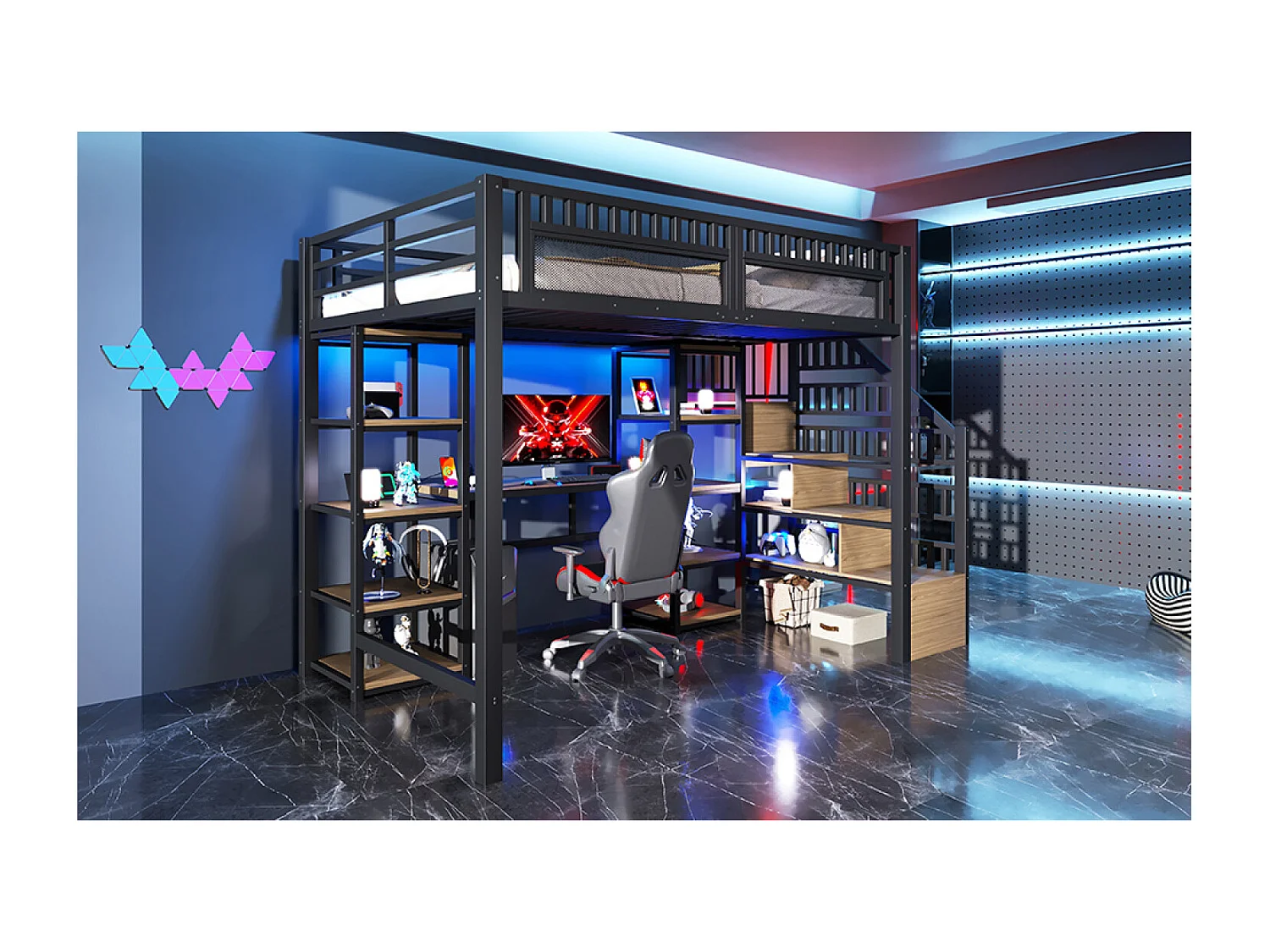 Letto a soppalco in metallo 140 x 200 cm - Letto per bambini con scrivania, luci LED e porte USB, ripiano - Nero