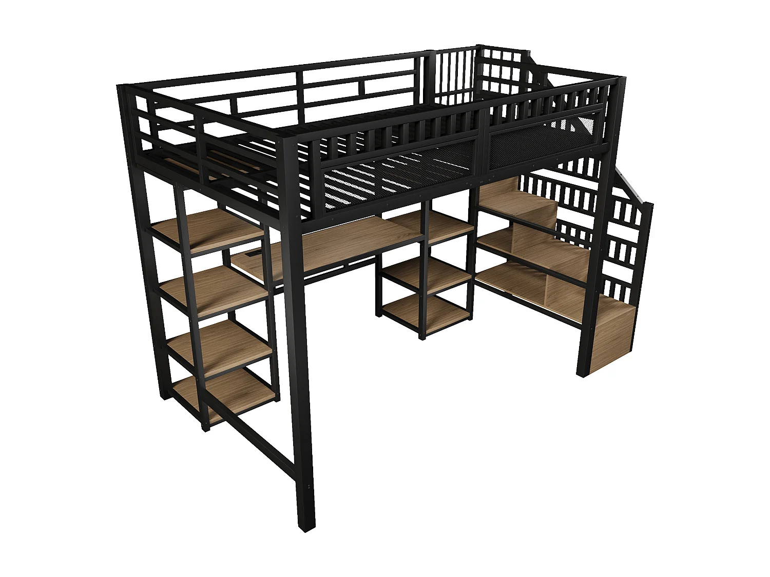 Letto a soppalco in metallo 140 x 200 cm - Letto per bambini con scrivania, luci LED e porte USB, ripiano - Nero