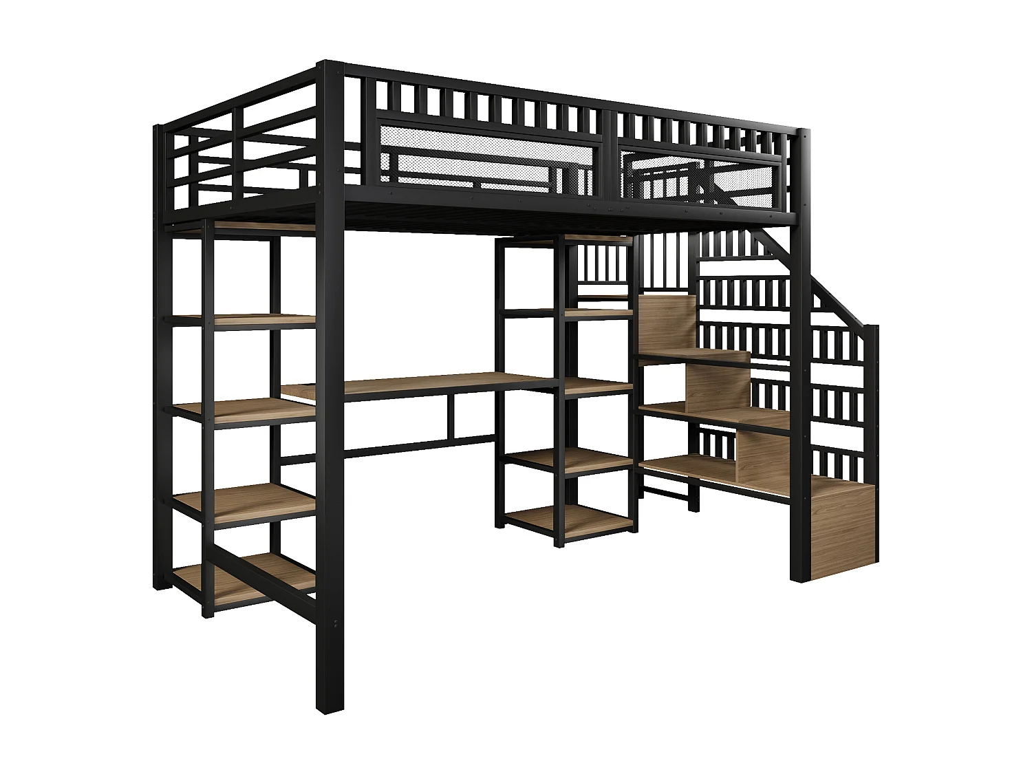 Letto a soppalco in metallo 140 x 200 cm - Letto per bambini con scrivania, luci LED e porte USB, ripiano - Nero