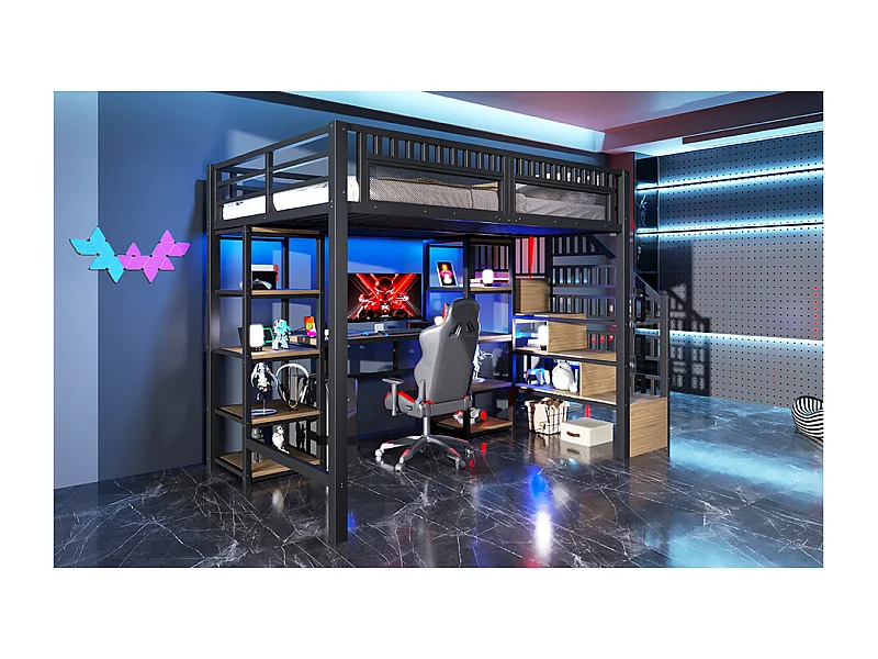 140 x 200 cm Metalen hoogslaper - Kinderbed met bureau, ledverlichting en USB-poorten, plank - Zwart